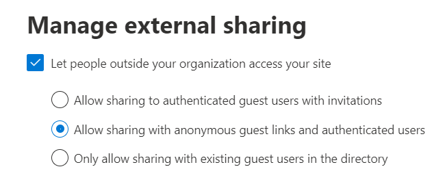 Screenshot of the Manage external sharing page with Let people outside your organization access your site check box selected.