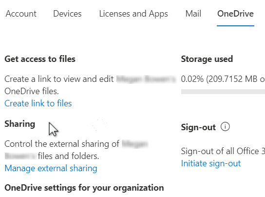 Screenshot of the Sharing option in the admin center.