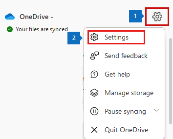 Screenshot of the OneDrive window in which the Settings icon and Settings menu option are highlighted.