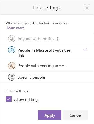 Screenshot of the Link settings screen with Anyone with the link option grayed out.