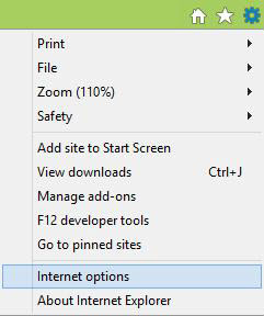 Screenshot of Tools menu. Internet options is selected.