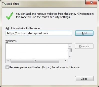 Screenshot of the Trusted sites dialog box. You can add and remove websites from this zone.