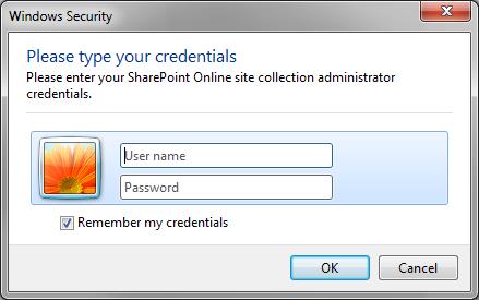 Screenshot of the SharePoint Online site collection administrator credentials input dialog.