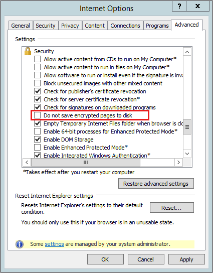 Screenshot of the security settings on the Internet Options Advanced tab. The setting that's labeled Do not save encrypted pages to disk is highlighted.