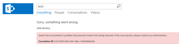 Screenshot of the SharePoint search error with Correlation ID.