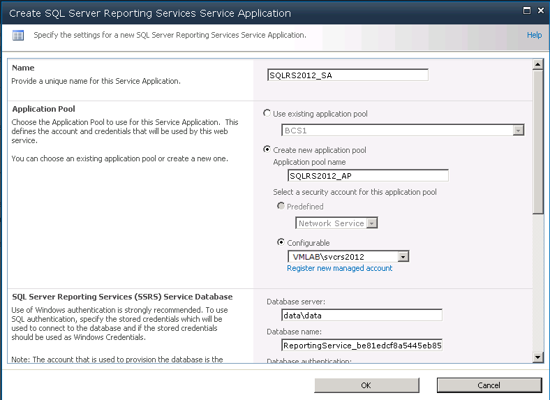 Screenshot of configuring the new service application.