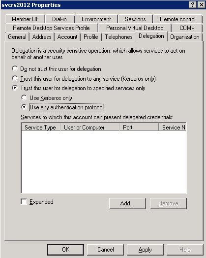 Screenshot of the Delegation tab with Use any authentication protocol option selected.