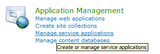 Screenshot of selecting Manage Service Applications.