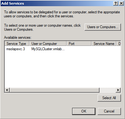 Screenshot of selecting SPNs in the Add Service dialog.