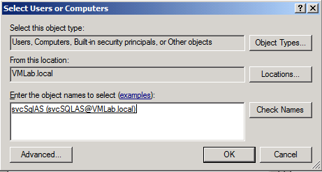 Screenshot of the Select Users and Computers dialog with a service account entered.