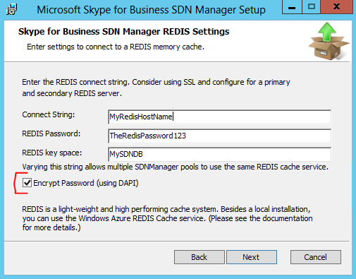 Skype for Business SDN Manager REDIS Settings