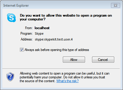 IE dialog box prompting user to allow Skype to open