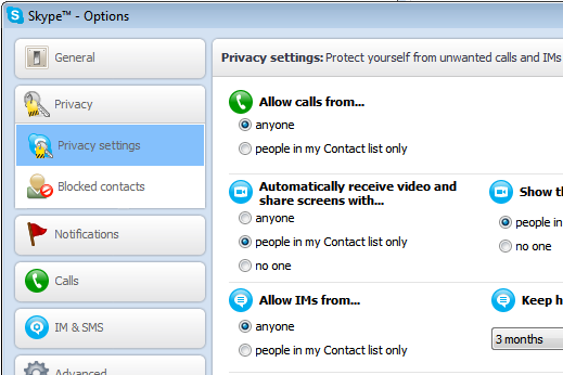 Privacy settings in Skype options dialog box