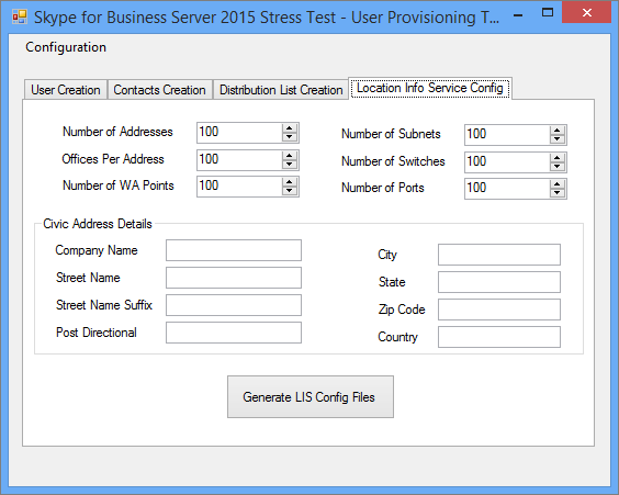 User Provisioning tool showing the Location Info Service Config tab.