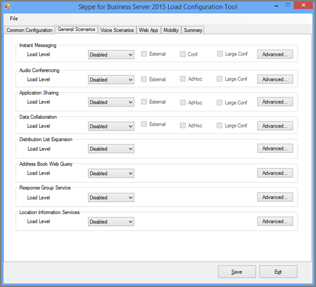 Load Configuration Tool showing the General Scenarios tab.