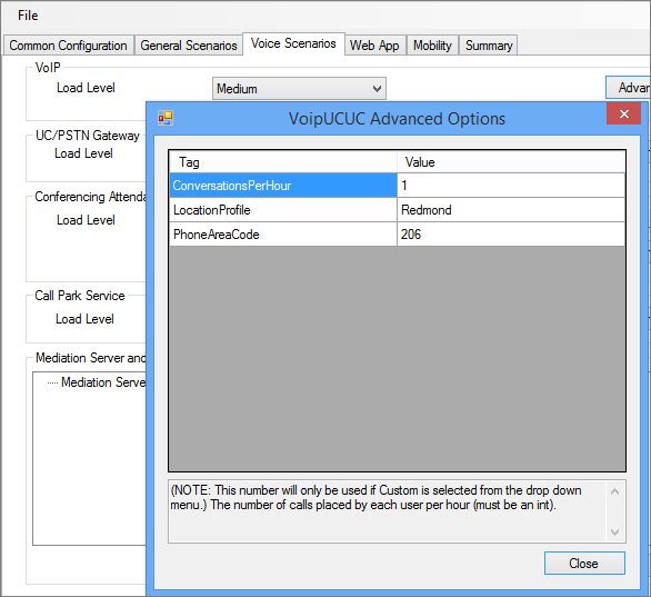 Skype for Business load configuration tool, voice scenarios tab, Advanced settings for Conversations.