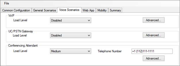 The Voice Scenarios tab showing Conferencing Load level and phone number.