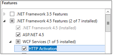 Screenshot showing HTTP Activation option under the .NET Framework 4.5 Features.