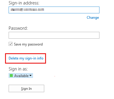Screenshot that shows the Lync 2013 sign-in page with the Delete my sign-in info option selected.