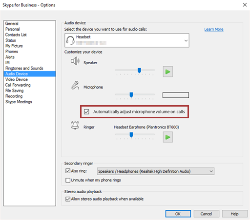 How to disable Automatic Gain Control in Skype for Business on Windows -  Skype for Business | Microsoft Docs