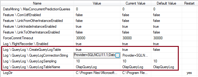 Query log settings in Management Studio