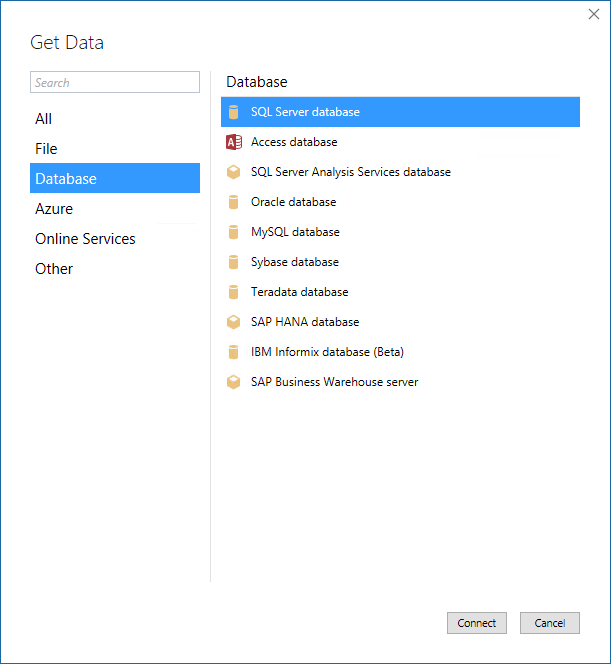 Screenshot of the Get Data dialog box with the Azure and Azure SQL Data Warehouse options highligted and selected.