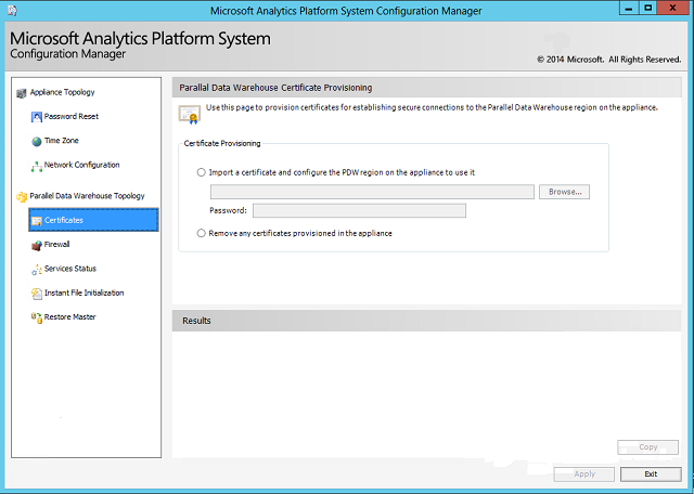 A screenshot of the Microsoft Analytics Platform System Configuration Manager, showing the Certificates page.