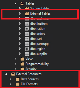 Screenshot of PolyBase objects in SQL Server Data Tools (SSDT).
