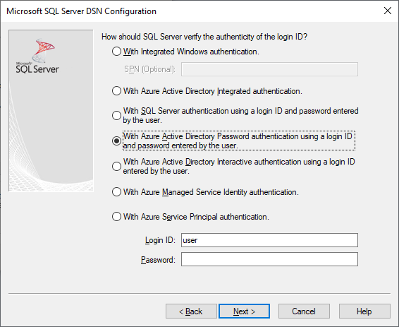 The DSN creation and editing screen with Azure Active Directory Password authentication selected.
