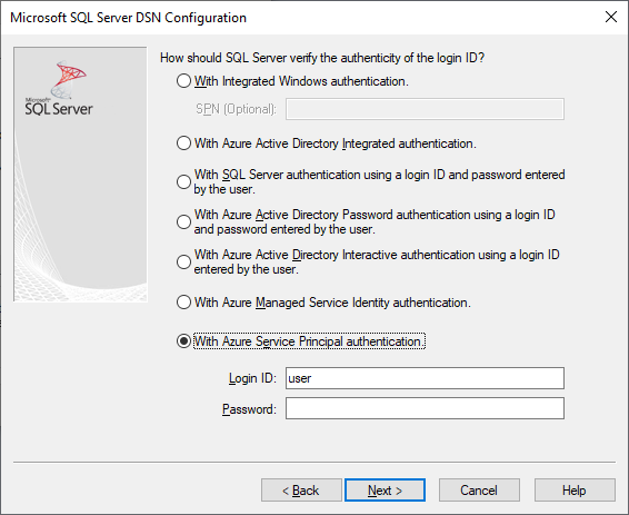 The DSN creation and editing screen with Azure Active Directory service principal authentication selected.
