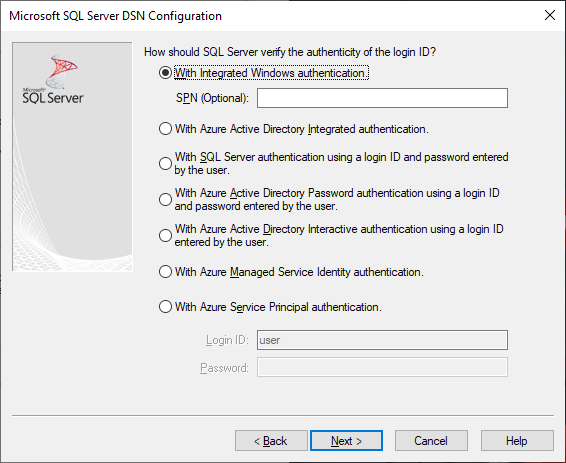 The DSN creation and editing screen with Integrated Windows authentication selected.
