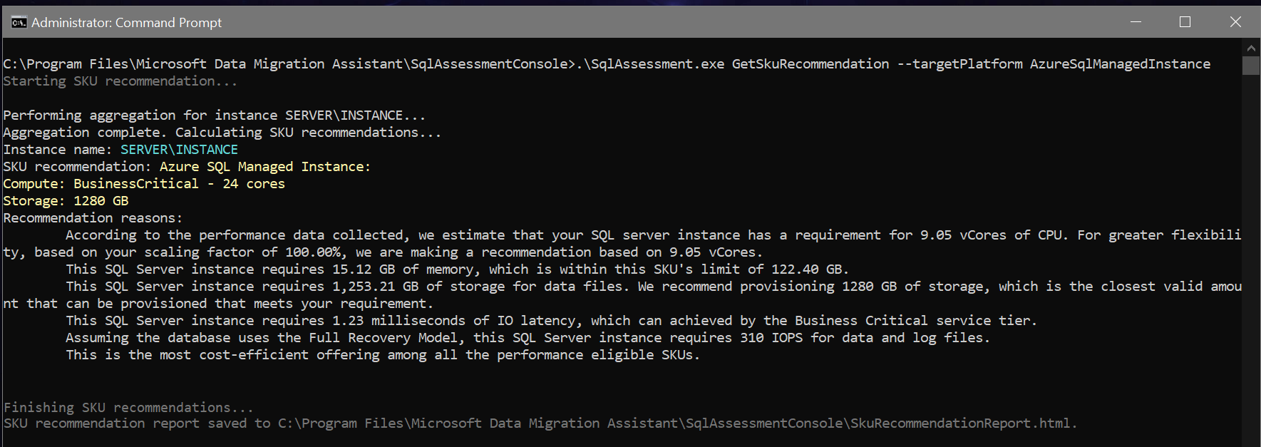 Screenshot of Azure SQL Managed Instance SKU tier and size recommendations shown in console.