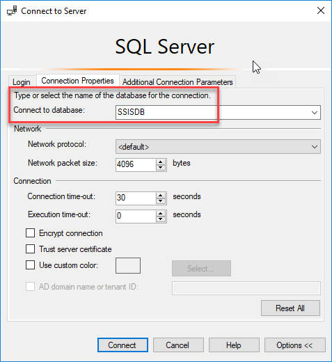 Select the SSISDB database for the connection