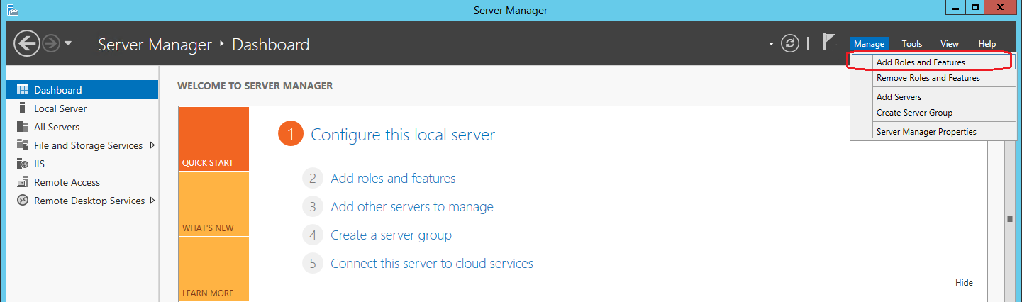 In Server Manage, the Add Roles and Features menu command
