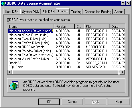 ODBC Data Source Administrator Drivers tab