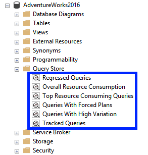 SQL Server 2016 Query Store tree in SSMS Object Explorer