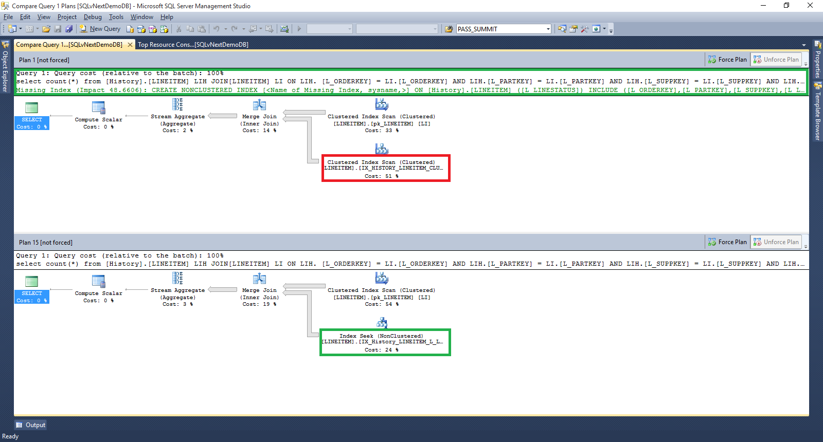 Screenshot showing the Query Store and the Compare the plans for the selected query in a separate window toolbar option.
