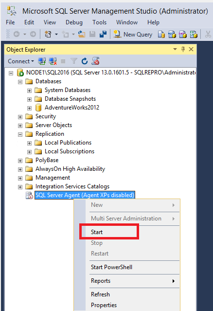 Selecting "Start" on the shortcut menu for the agent in SSMS