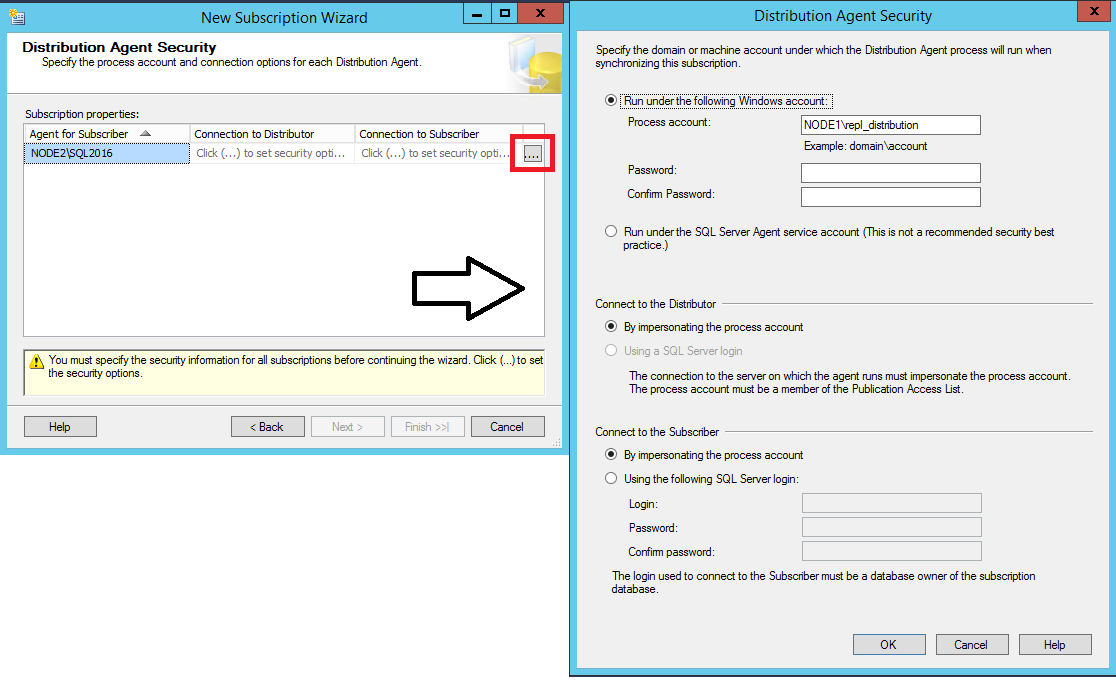 Distribution account information in the "Distribution Agent Security" dialog box