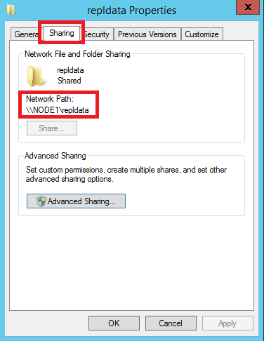 Network path on the "Sharing" tab
