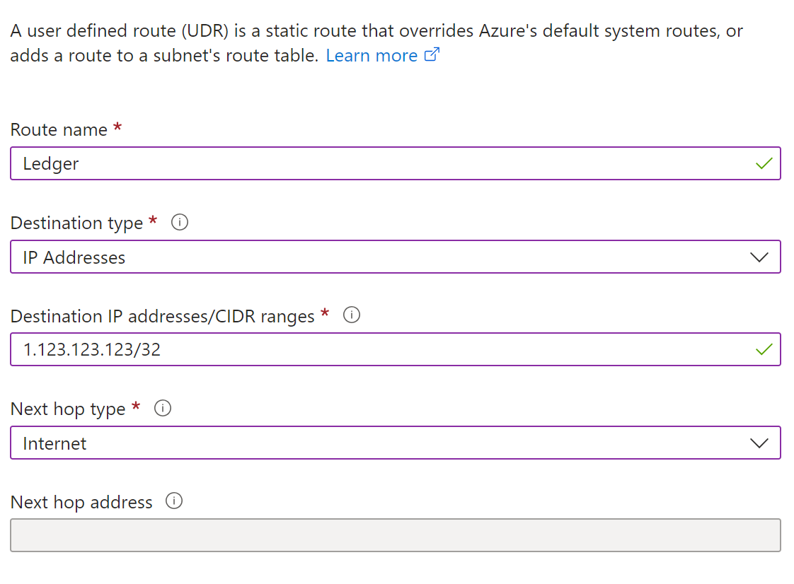 Screenshot of adding a route for the VNET to the ledger.