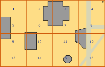 Polygons and lines placed into a 4x4 level-1 grid