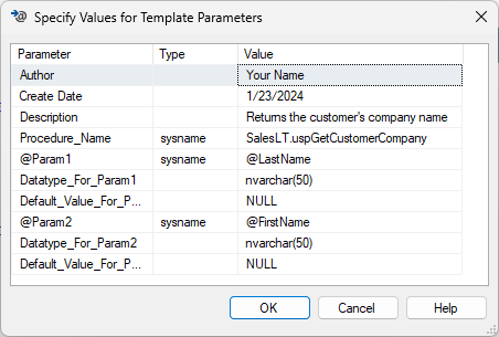 Screenshot that shows a completed Specify Values for Template Parameters dialog box.