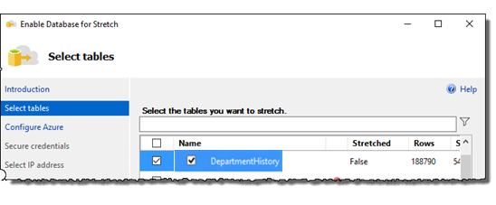Selecting the history table on the Select tables page