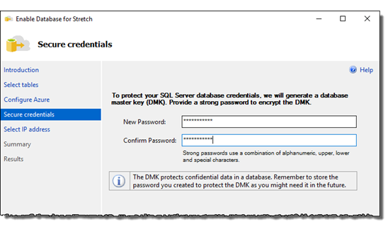 Secure credentials page of the Stretch Database wizard
