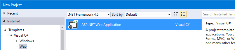 Screenshot of Visual Studio, highlighting a new ASP.NET Empty Web Site.