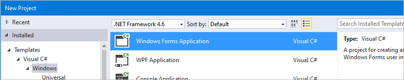 Screenshot of Visual Studio, highlighting a new Windows Forms Application.