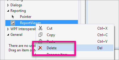 Screenshot of the Visual Studio toolbox, highlighting Delete on the ReportViewer control.