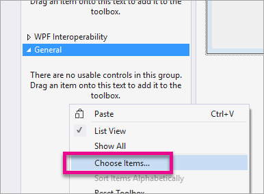 Screenshot of the Visual Studio toolbox, highlighting the Choose Items option.