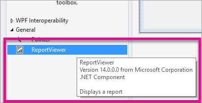 Screenshot of the new ReportViewer control in the Visual Studio toolbox.